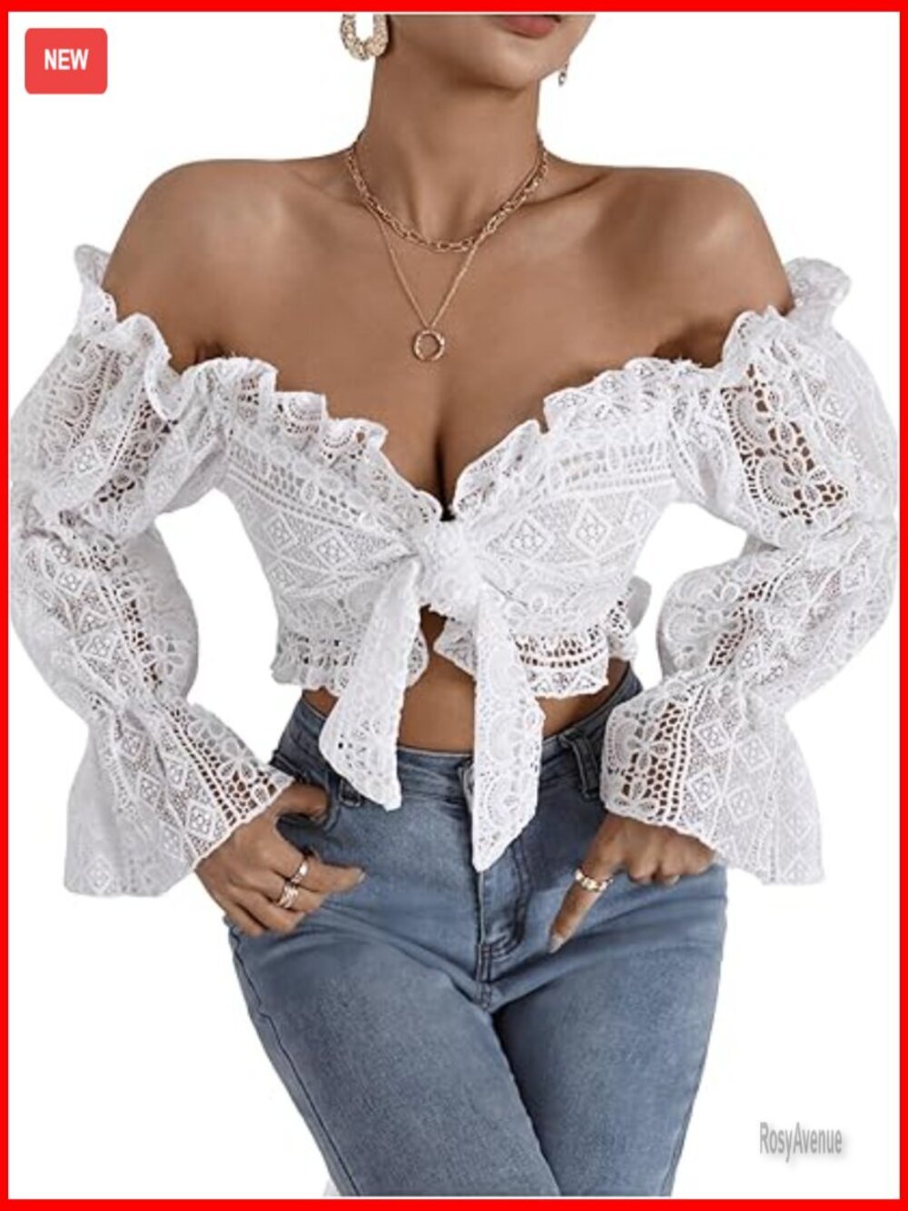 Deep V Neck Ruffle Trim Bell Sleeve Tie Front Lace Crop Top Sexy Tops